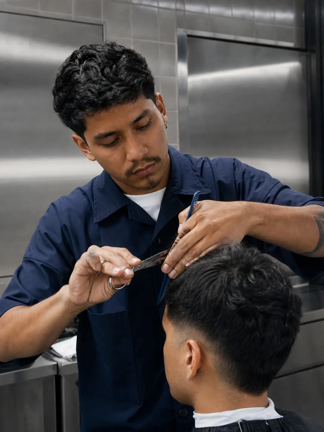 Mateo trabajando un corte con tijera y peine