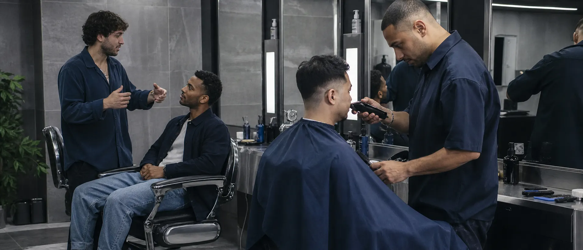 Dos barberos trabajando y conversando con clientes dentro de RITO